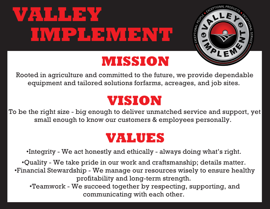 Valley Implement mission, vision, and values